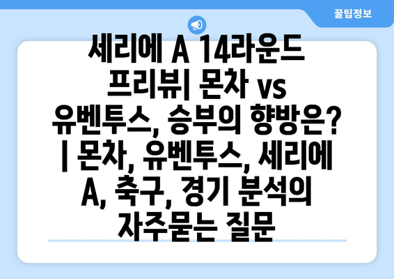 세리에 A 14라운드 프리뷰| 몬차 vs 유벤투스, 승부의 향방은? | 몬차, 유벤투스, 세리에 A, 축구, 경기 분석