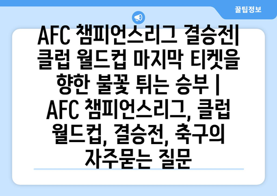 AFC 챔피언스리그 결승전| 클럽 월드컵 마지막 티켓을 향한 불꽃 튀는 승부 | AFC 챔피언스리그, 클럽 월드컵, 결승전, 축구